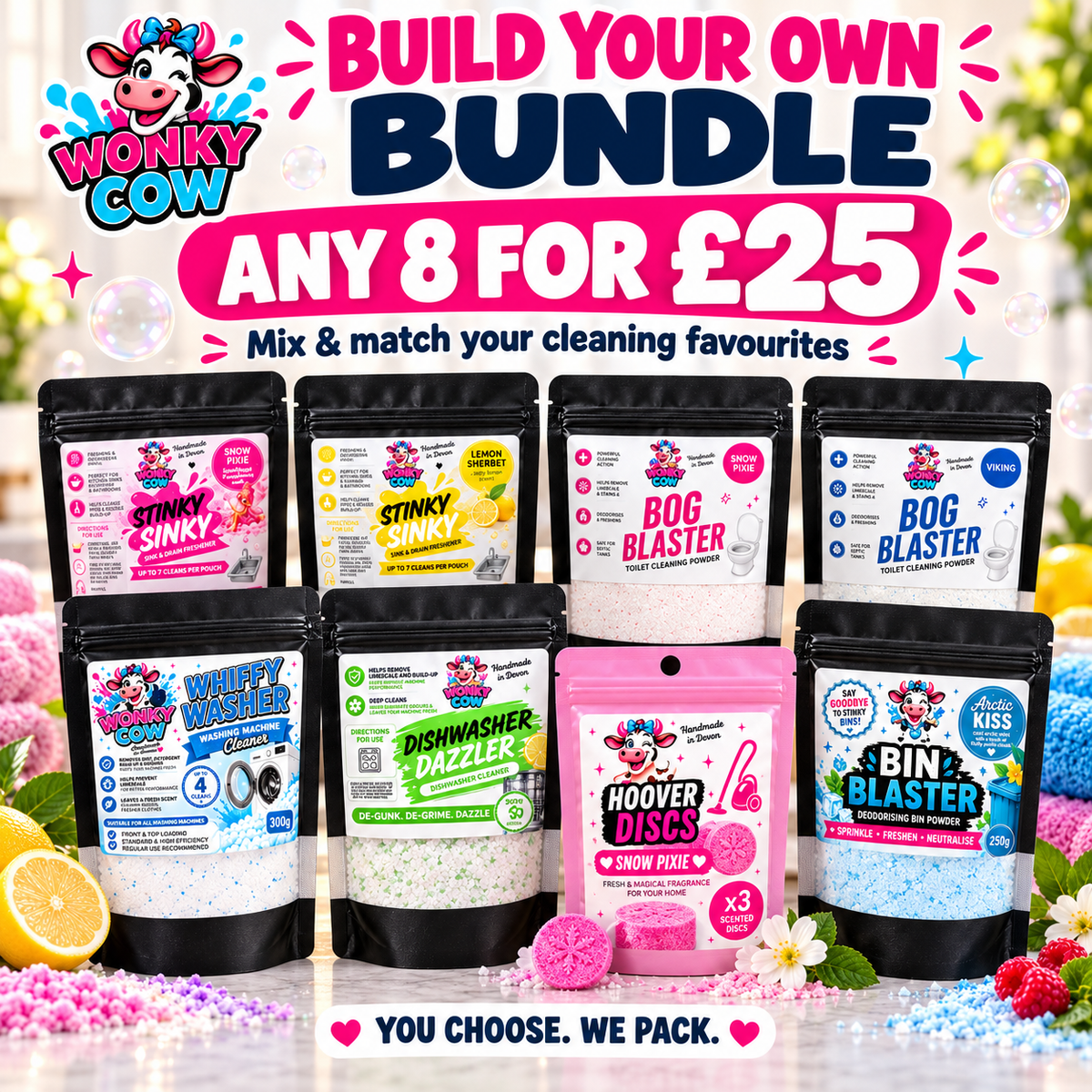 A promotional bundle graphic for Wonky Cow cleaning products, showing eight stand-up pouches arranged in two rows with large marketing text above and below. The products include Stinky Slinky, Bog Blaster, Whiffy Whizz, Dishwasher Dazzle, Hoover Discs, and Bin Blaster, with colorful labels and decorative bath-slime props around them.