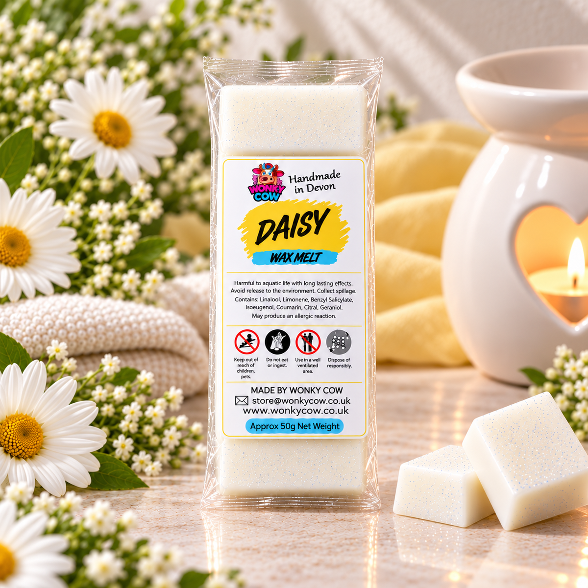 A packaged wax melt in a clear plastic bag labeled 'DAISY WAX MELT' by Wonky Cow, shown on a tabletop with white daisies, a lit candle, and cream-colored wax melts beside it.