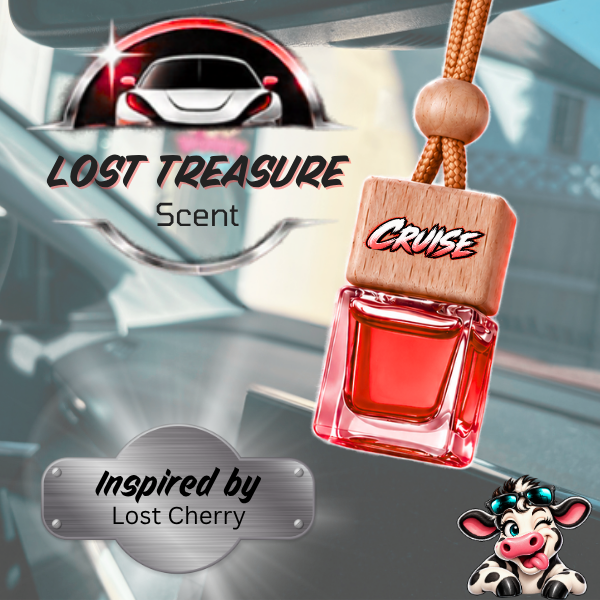 A car air freshener pendant labeled 'CRUISE' with a red liquid-filled bottle design and a wooden top, shown against a blurred car interior background. Text reads 'LOST TREASURE Scent' and 'Inspired by Lost Cherry,' with a cow illustration in the corner.