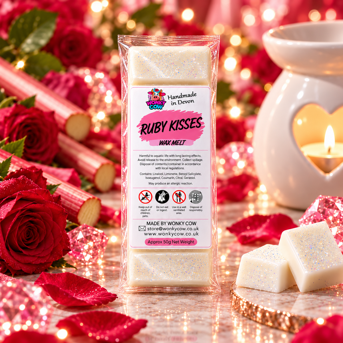 A packaged wax melt product labeled 'Ruby Kisses' stands in the center, surrounded by red roses, sparkly pink confetti, and a lit white candle holder. The product is shown in a clear plastic bag with a printed front label, and additional wax melts are placed beside it on a reflective surface.