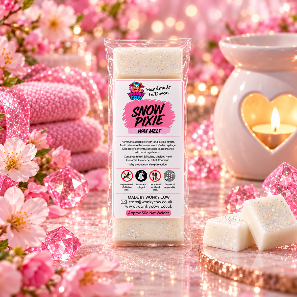A packaged wax melt labeled 'Snow Pixie' by Devon is centered in a pink, glittery, floral setting with a lit candle and decorative crystals around it.