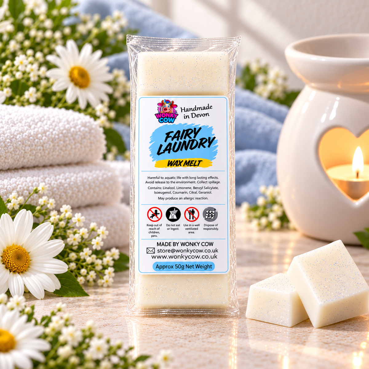 A packaged bar of Wondy Cow Fairy Laundry Wax Melts stands on a marble surface with two unwrapped wax melts beside it. The scene is styled with white daisies, folded white towels, and a white ceramic candle warmer with a lit candle in the background.