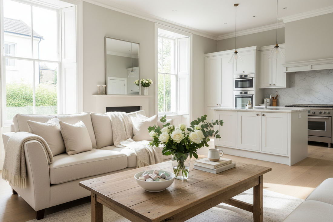 Bright and cosy home interior with wax melts and fresh flowers on a coffee table