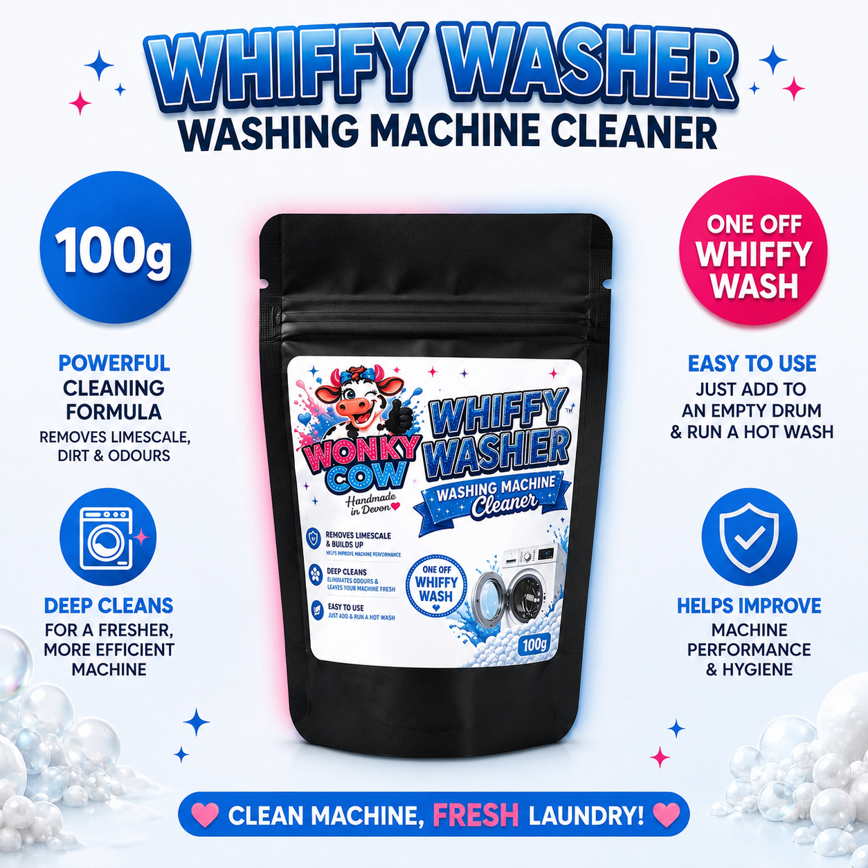 Whiffy Washer washing machine cleaner packaging with product details on a colorful background