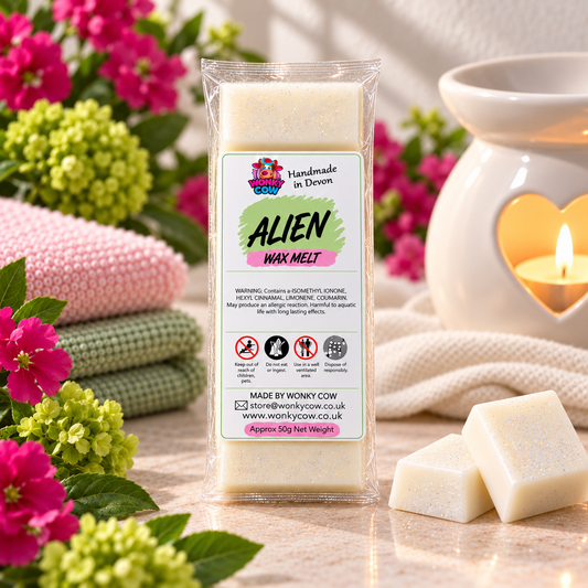 A packaged bar of Alien Wax Melt by Wonky Cow sits on a tabletop with two loose wax melts beside it. The scene is styled with pink flowers, folded pink and green towels, and a white ceramic candle holder with a lit candle in the background.