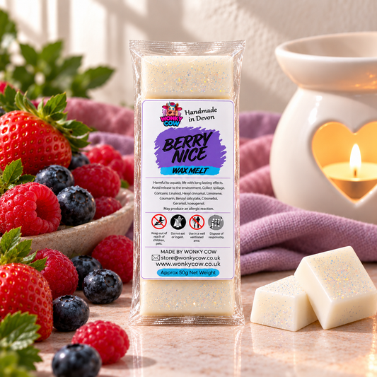 A clear plastic package of Workny Cow 'Berry Nice' wax melt stands on a tabletop surrounded by fresh strawberries, blueberries, raspberries, and two pale wax cubes with glitter. A lit heart-shaped candle and soft-focus background decor are visible, making this a lifestyle product shot.