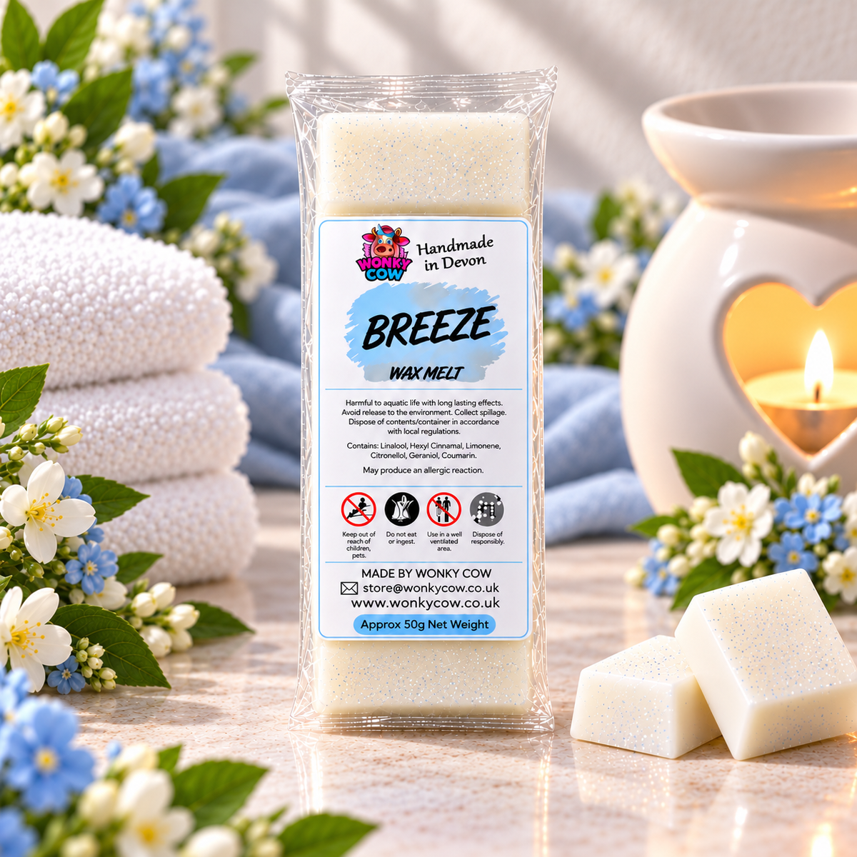 A package of Wonky Cow Breeze Wax Melts stands on a marble surface with two unwrapped off-white wax melts in front. The scene is styled with folded white towels, blue and white flowers, green leaves, and a lit white candle in a ceramic holder.