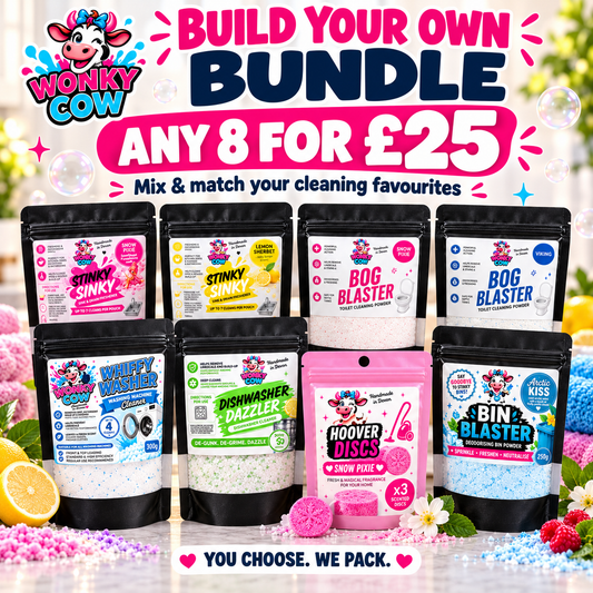 A promotional bundle graphic for Wonky Cow cleaning products, showing eight stand-up pouches arranged in two rows with large marketing text above and below. The products include Stinky Slinky, Bog Blaster, Whiffy Whizz, Dishwasher Dazzle, Hoover Discs, and Bin Blaster, with colorful labels and decorative bath-slime props around them.