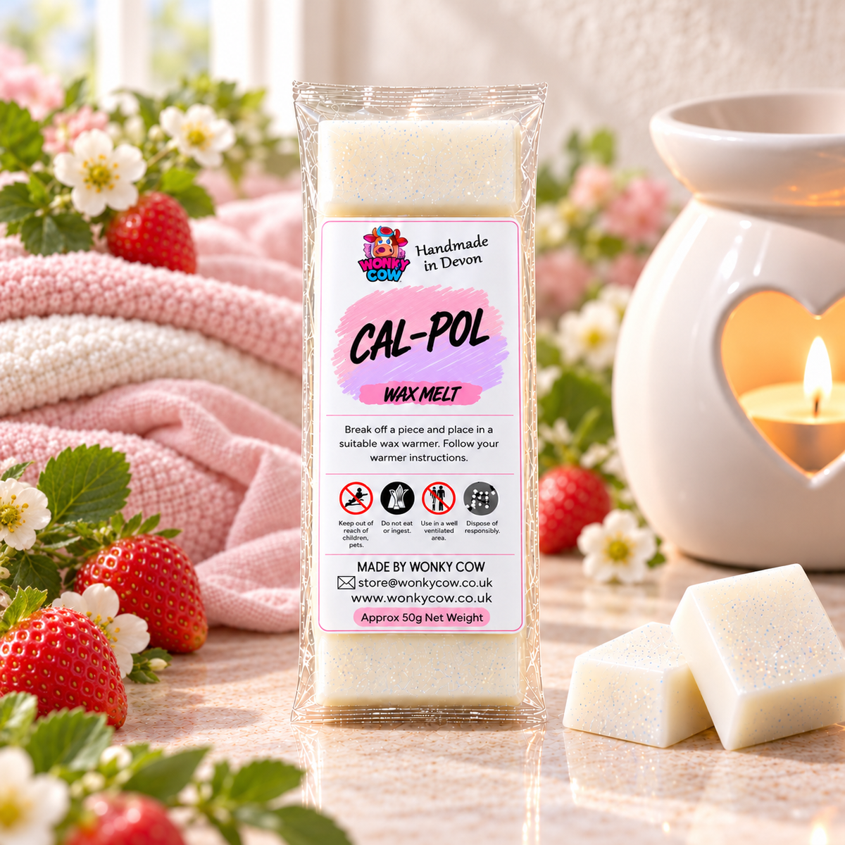 A packaged bar of CAL-POL wax melt by Wonky Cow is centered on a countertop, surrounded by strawberries, folded pink and white towels, and a lit candle in a white ceramic holder. The product package is clear plastic with a white wax bar visible inside and a colorful front label.