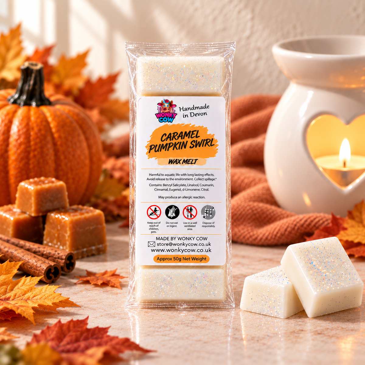 A package of Worky Cow Caramel Pumpkin Swirl wax melts stands on a marble surface surrounded by autumn leaves, a pumpkin, cinnamon sticks, and two swirled wax cubes in the foreground. A lit candle and cream warmer are blurred in the background.