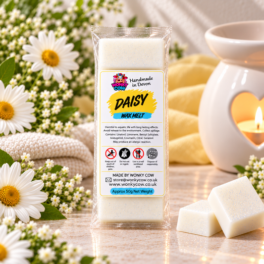 A packaged wax melt in a clear plastic bag labeled 'DAISY WAX MELT' by Wonky Cow, shown on a tabletop with white daisies, a lit candle, and cream-colored wax melts beside it.