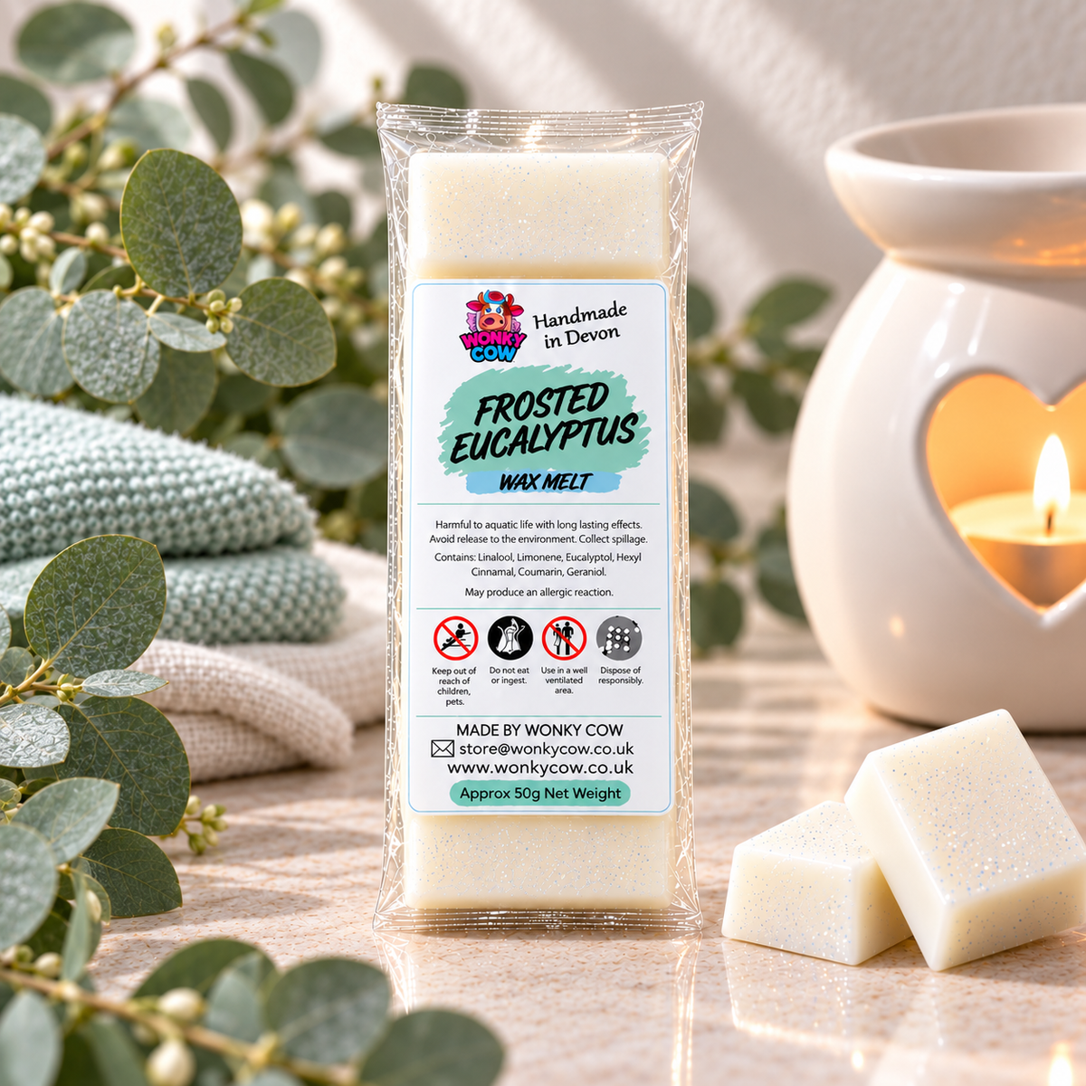 A packaged bar of frosted eucalyptus wax melt by Wonky Cow, shown upright in a clear plastic bag with two matching wax melts placed in front on a tabletop. The scene includes eucalyptus leaves, a knitted textile, and a lit heart-shaped candle holder in the background, making this a styled product shot rather than a plain studio packshot.