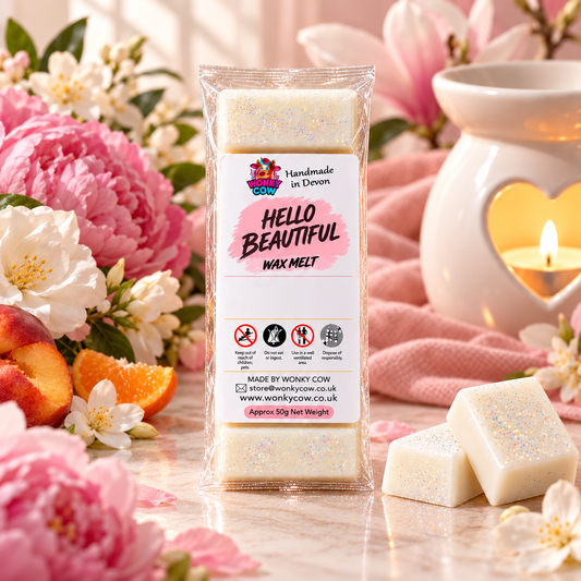 A package of Devon 'Hello Beautiful' wax melt stands in the center, surrounded by pink and white flowers, peach slices, and two loose cream-colored wax melts with glitter. A white heart-shaped candle holder with a lit candle sits in the background on a pink cloth.