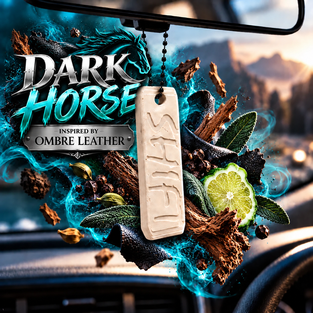 A car air freshener pendant labeled 'DARK HORSE' hangs in front of a car windshield. The pendant is light beige with carved lettering, surrounded by stylized graphic elements including blue smoke, a lime slice, green leaves, dark wood pieces, and the text 'INSPIRED BY OMBRE LEATHER.