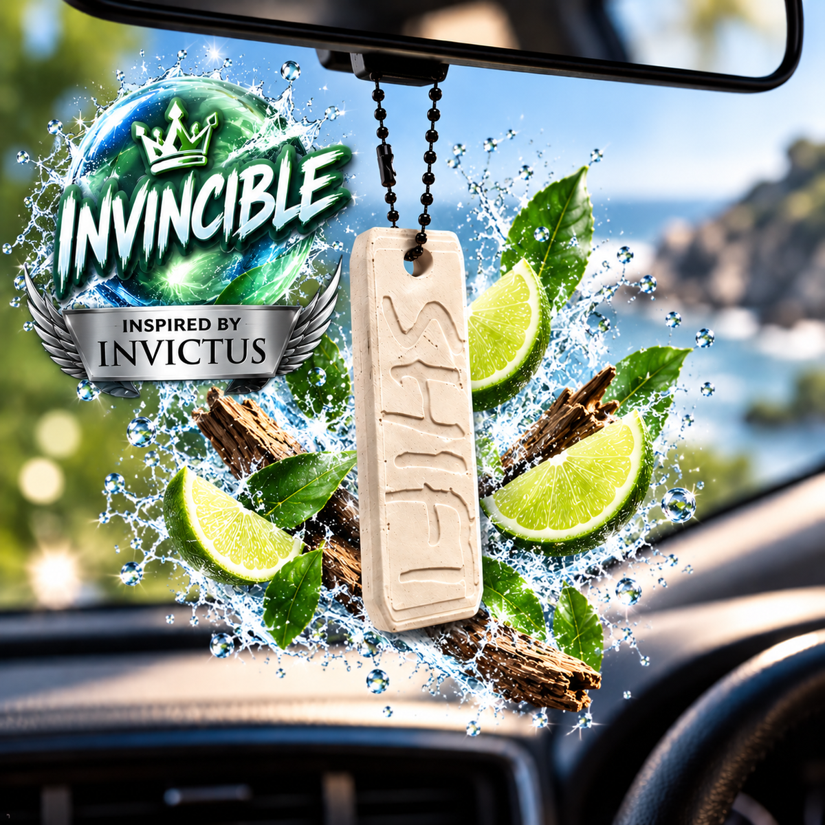 A car air freshener pendant labeled 'INVINCIBLE' hanging from a rearview mirror inside a car. The pendant is beige with carved lettering, surrounded by graphic splash effects of water, green leaves, and lime slices.