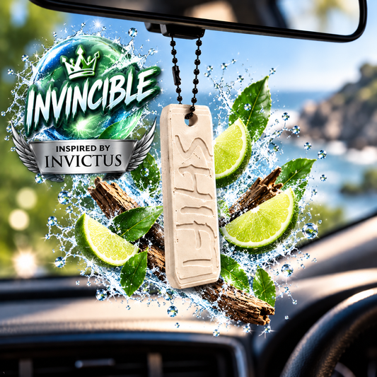 A car air freshener pendant labeled 'INVINCIBLE' hanging from a rearview mirror inside a car. The pendant is beige with carved lettering, surrounded by graphic splash effects of water, green leaves, and lime slices.
