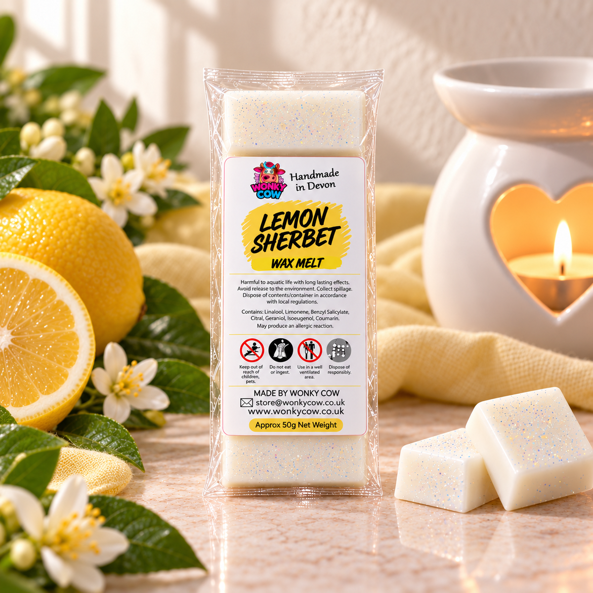 A packaged wax melt labeled 'Lemon Sherbet' stands on a tabletop with lemons, white flowers, and two loose cream-colored wax bars. A lit candle holder is blurred in the background.