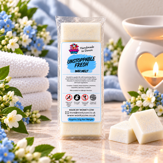 Wonky Cow Unstoppable Fresh Wax Melts in a clear plastic bag with a white label, displayed on a marble surface with blooming flowers, a white towel, and a lit heart-shaped candle holder in the background.