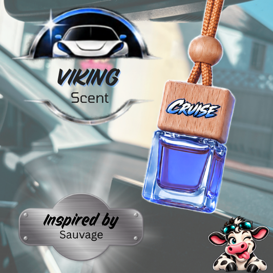 A car air freshener bottle labeled 'CRUISE' with a blue liquid and a wooden cap, shown hanging in a car interior. The image includes 'VIKING Scent' branding and an 'Inspired by Sauvage' badge.