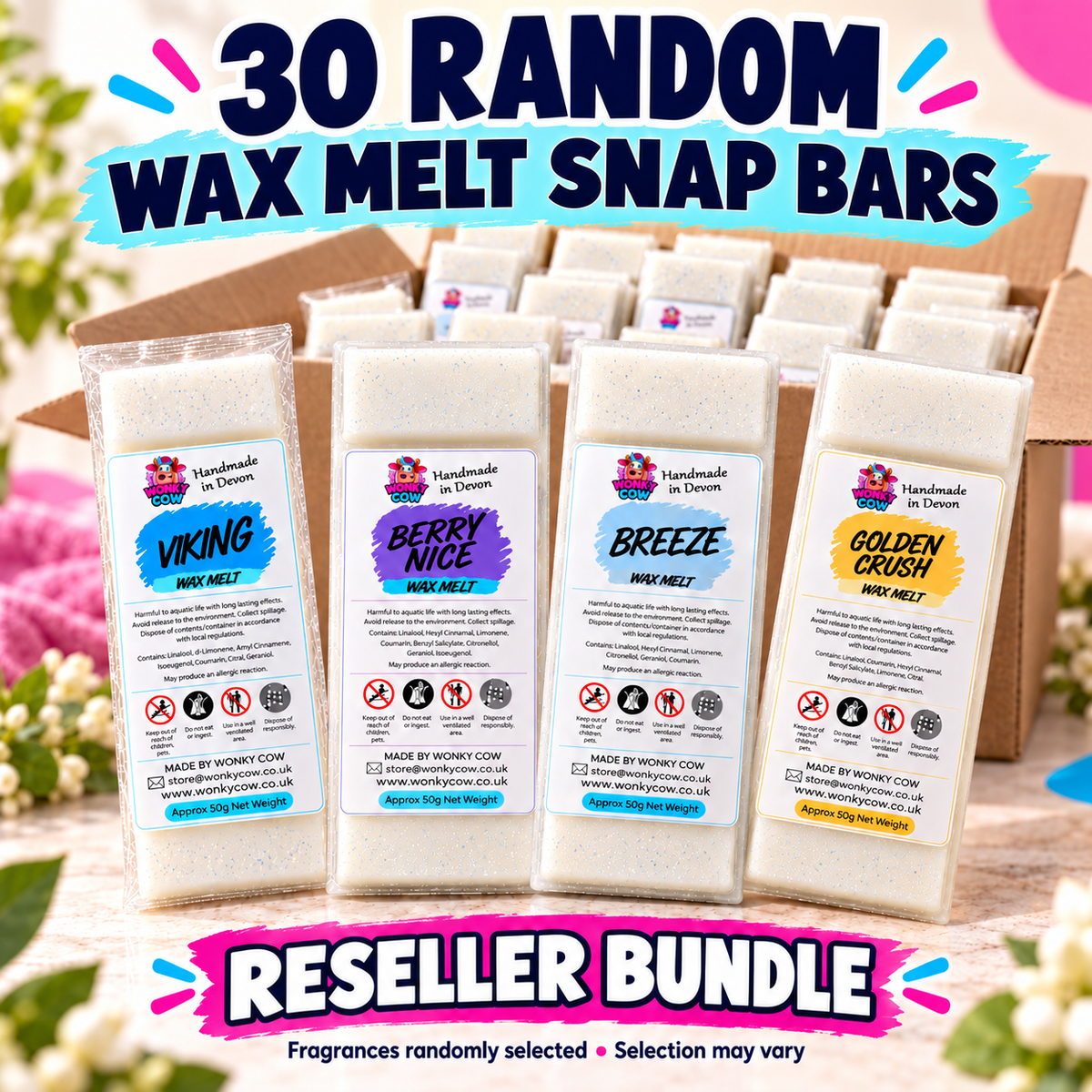 A bundle of 30 random wax melt snap bars from Handmade in Heaven, displayed in a cardboard box with four front packages clearly visible: Viking, Berry Nice, Breeze, and Golden Crush. The image features a 'Reseller Bundle' banner at the bottom and a colorful background.