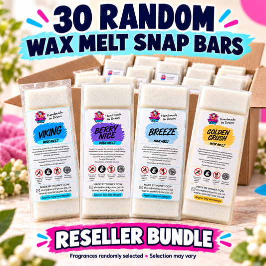 A bundle of 30 random wax melt snap bars from Handmade in Heaven, displayed in a cardboard box with four front packages clearly visible: Viking, Berry Nice, Breeze, and Golden Crush. The image features a 'Reseller Bundle' banner at the bottom and a colorful background.