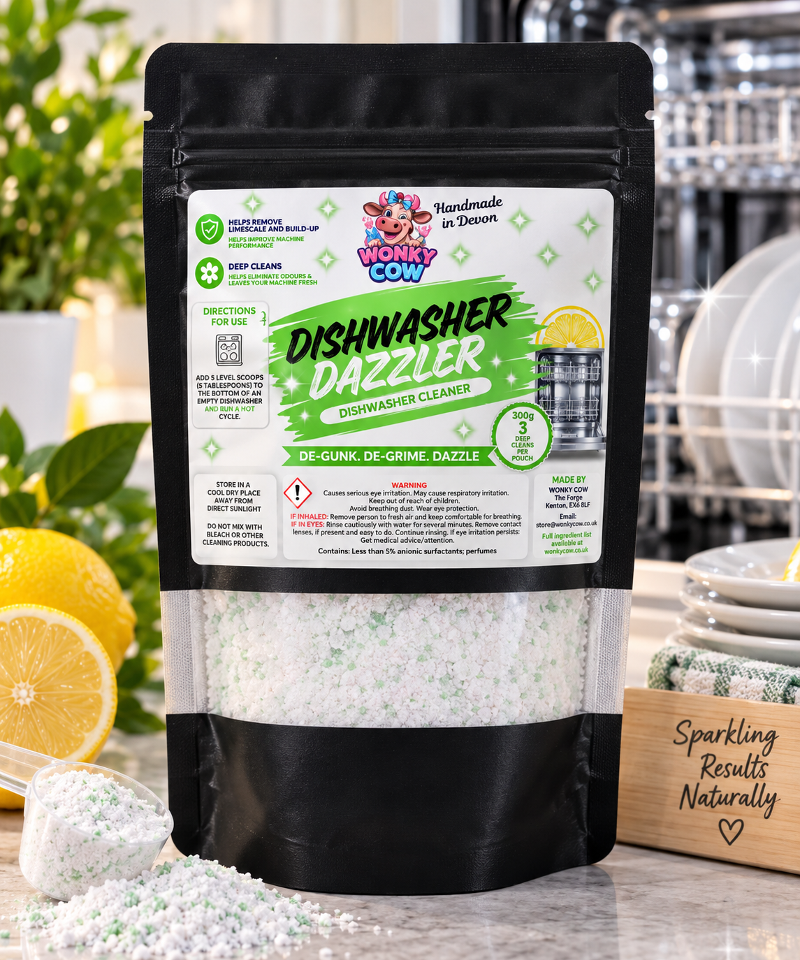 A black stand-up pouch of Workn Cow Dishwasher Dazzler dishwasher cleaner placed on a kitchen counter with lemons, dishcloths, and a dishwasher visible in the background, showing the product packaging and contents.