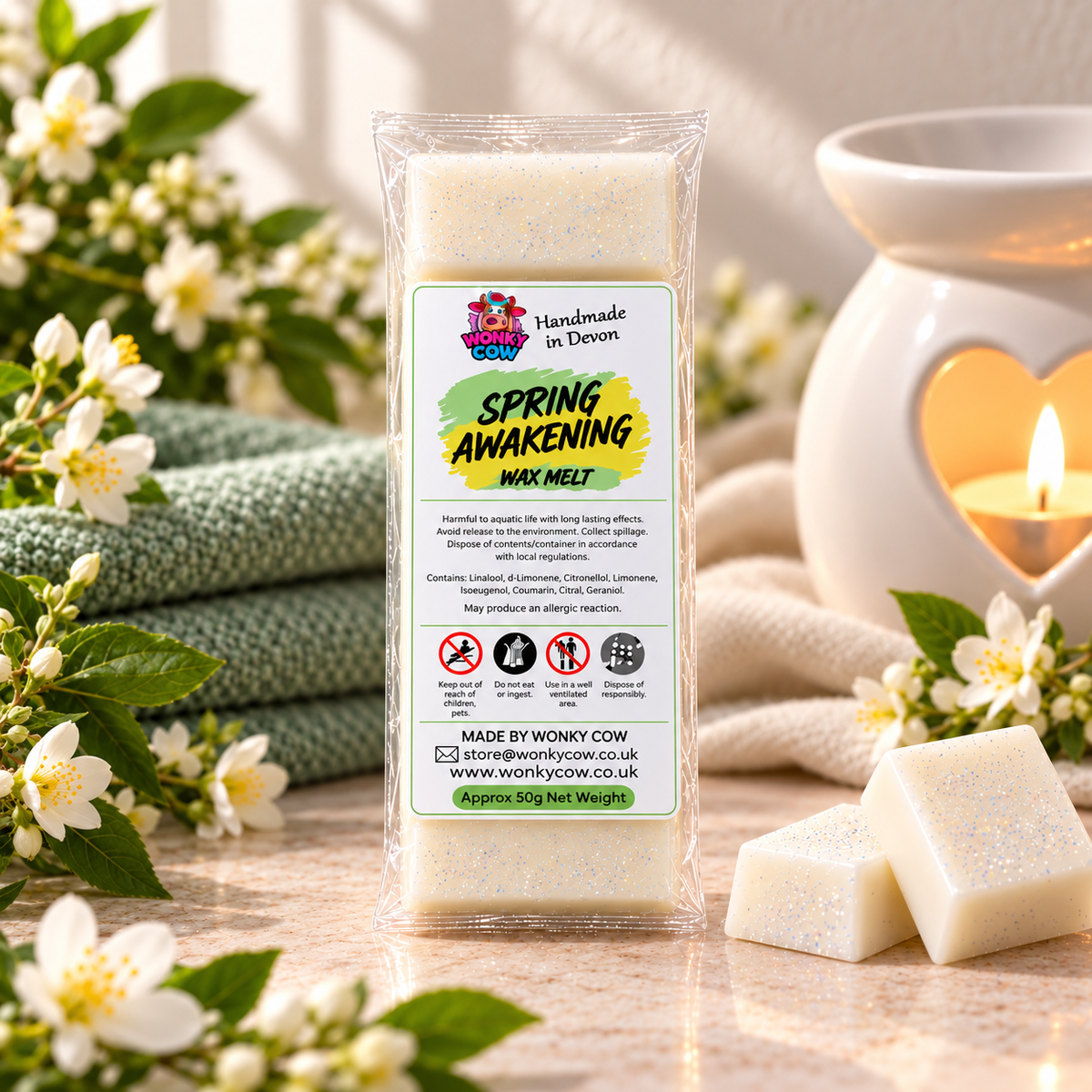 A packaged wax melt labeled 'Spring Awakening' by Wonky Cow, standing on a tabletop with white flower blossoms, a green towel, and two loose glittery wax melts beside a lit white candle holder.